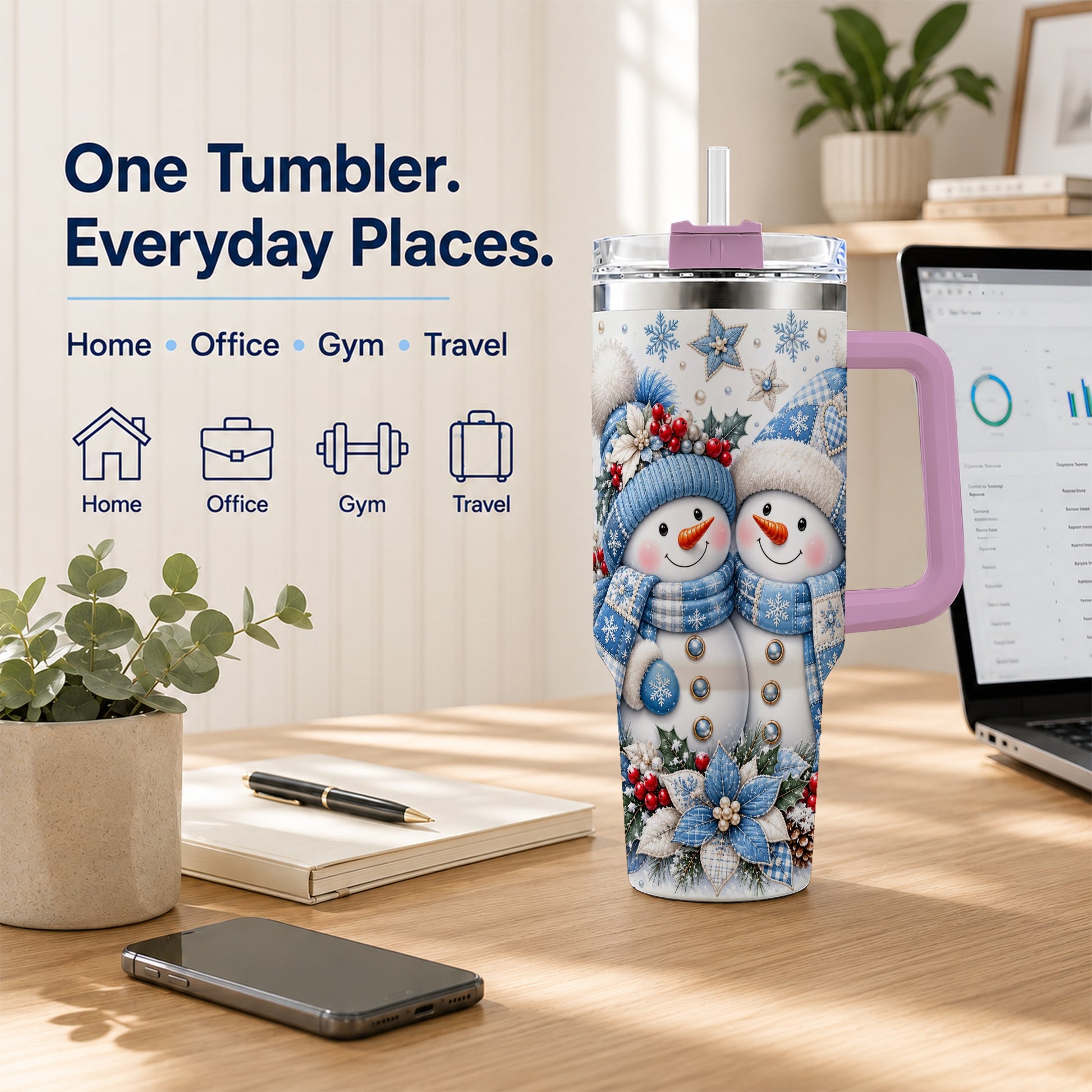 #pl[40oz|Pink] Snowman Couple 40oz Tumbler with Handle, Winter Stainless Steel Cup