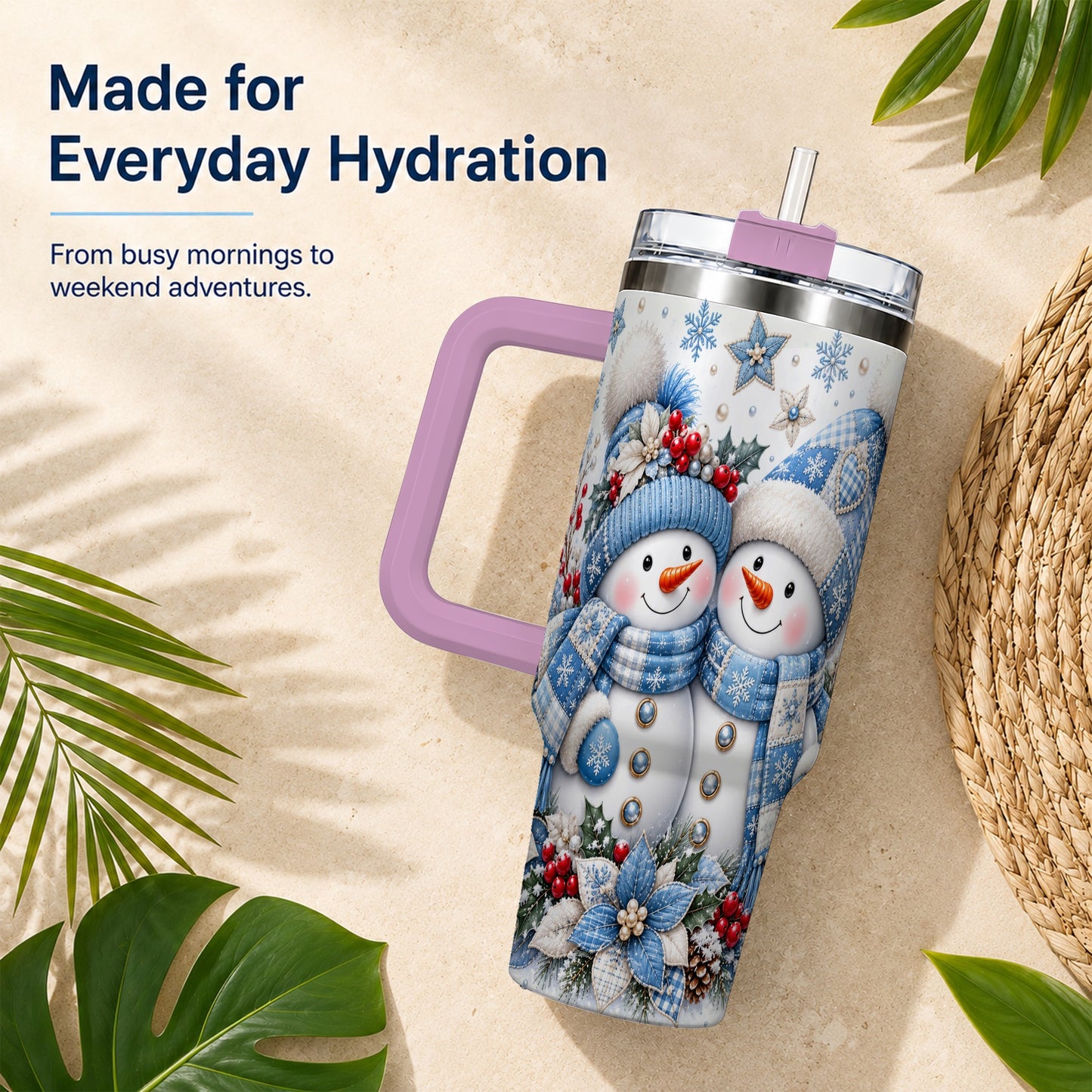 #pl[40oz|Pink] Snowman Couple 40oz Tumbler with Handle, Winter Stainless Steel Cup