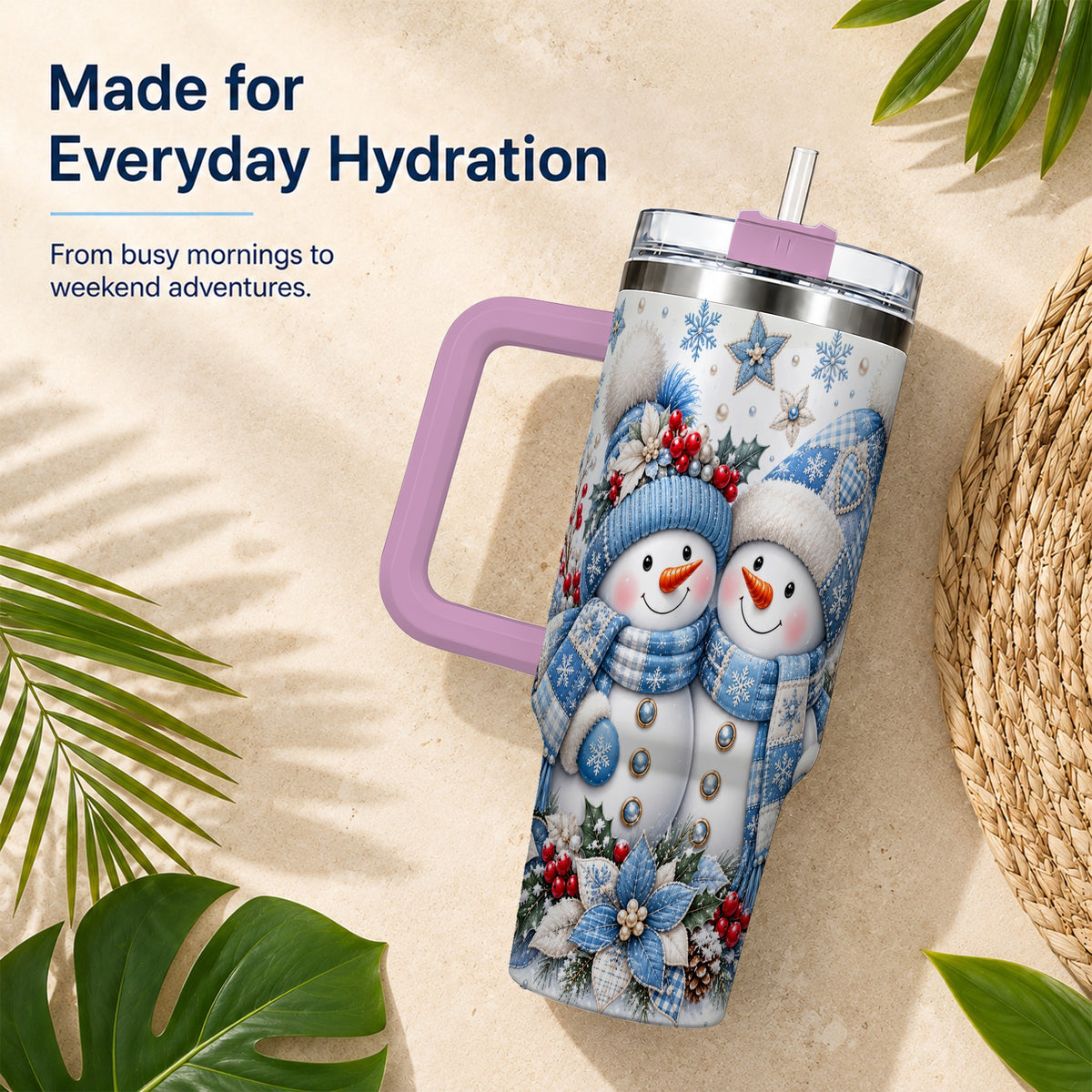 #pl[40oz|Pink] Snowman Couple 40oz Tumbler with Handle, Winter Stainless Steel Cup