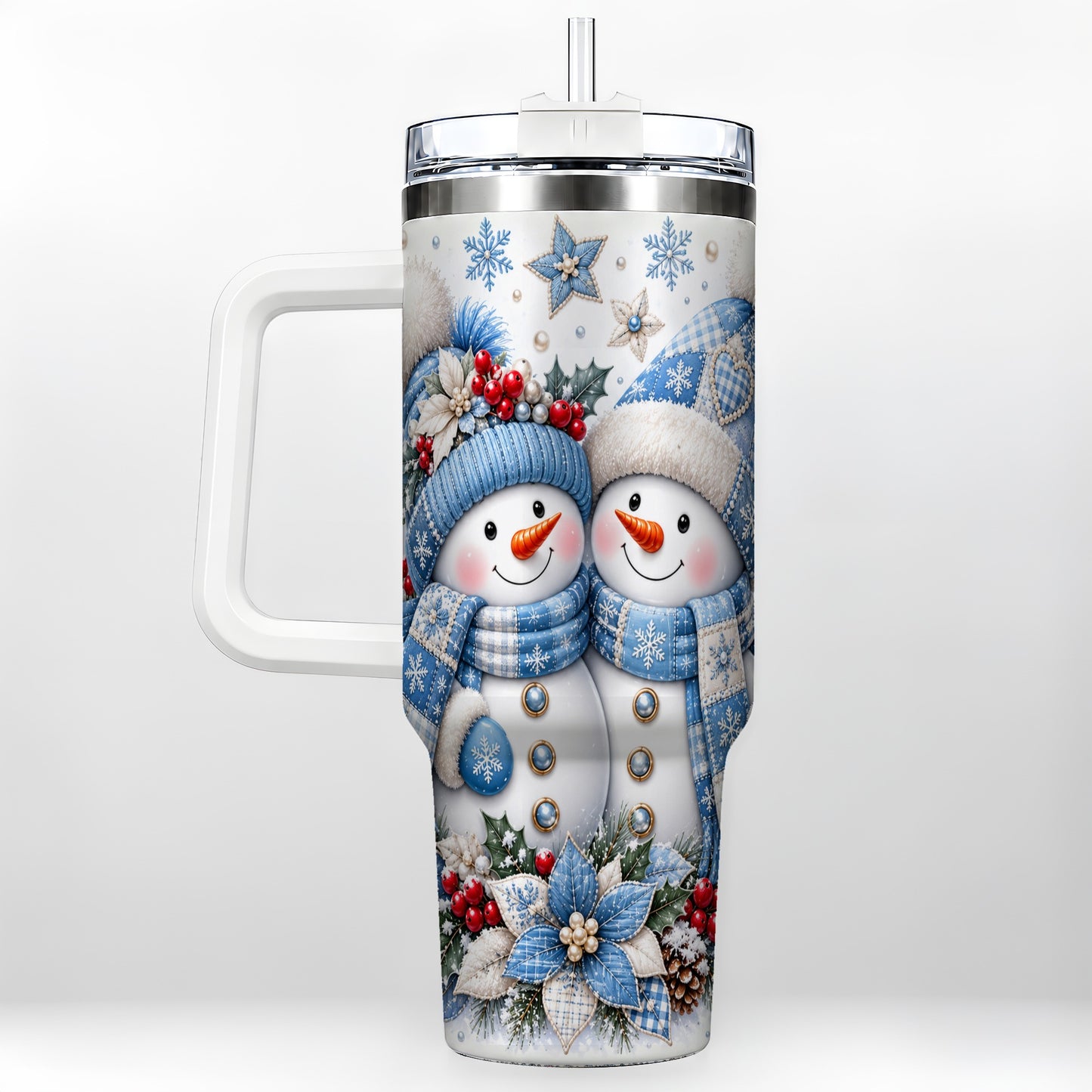Snowman Couple 40oz Tumbler with Handle, Winter Stainless Steel Cup