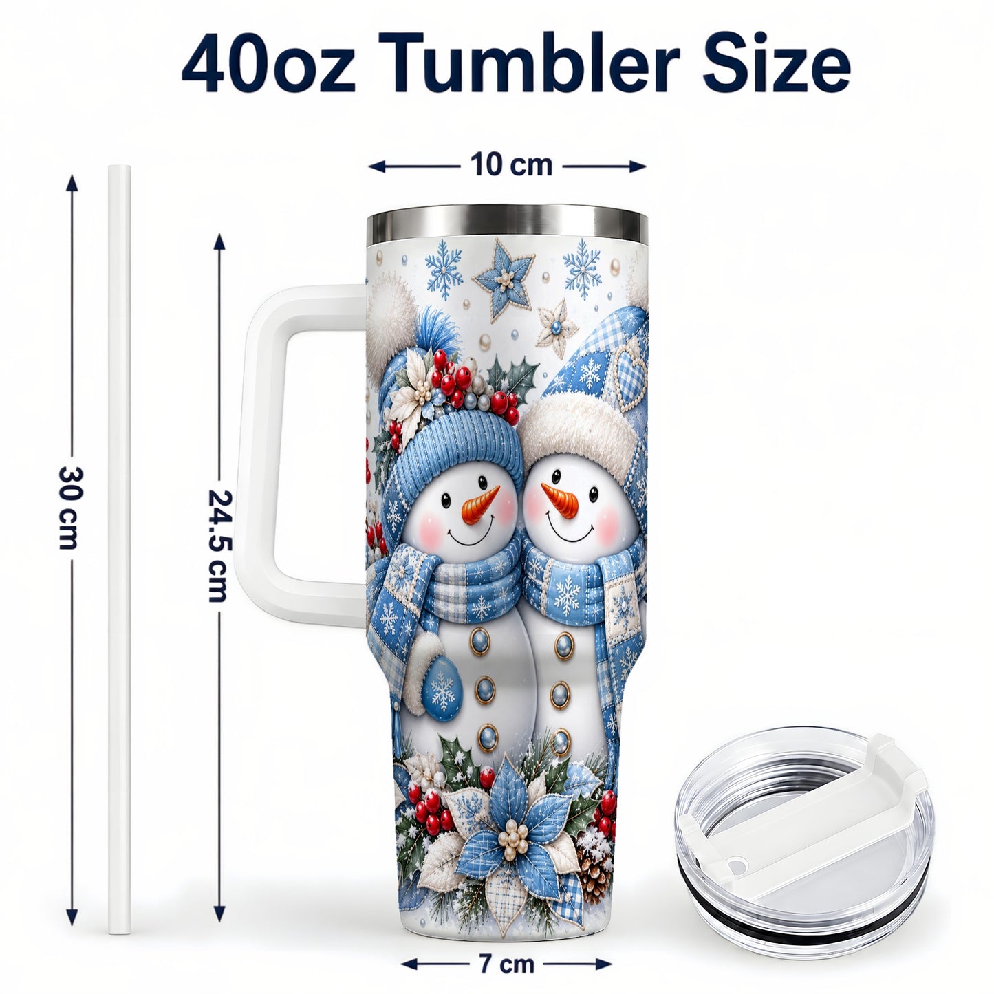 #pl[40oz|White] Snowman Couple 40oz Tumbler with Handle, Winter Stainless Steel Cup
