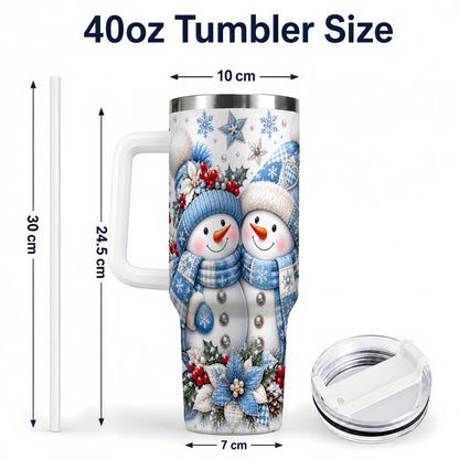 #pl[40oz|White] Snowman Couple 40oz Tumbler with Handle, Winter Stainless Steel Cup