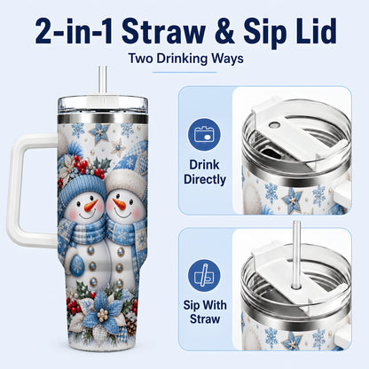 #pl[40oz|White] Snowman Couple 40oz Tumbler with Handle, Winter Stainless Steel Cup