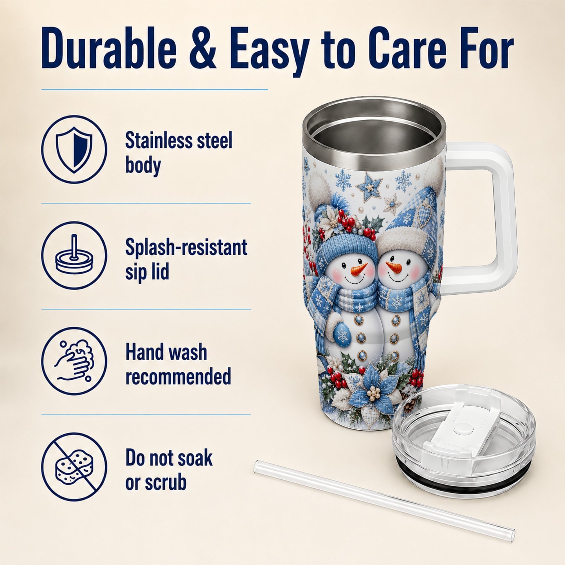 #pl[40oz|White] Snowman Couple 40oz Tumbler with Handle, Winter Stainless Steel Cup