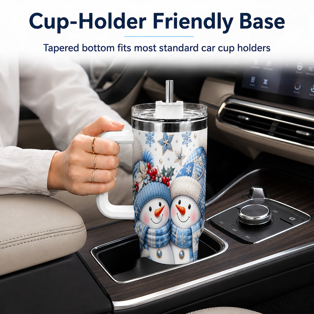 #pl[40oz|White] Snowman Couple 40oz Tumbler with Handle, Winter Stainless Steel Cup