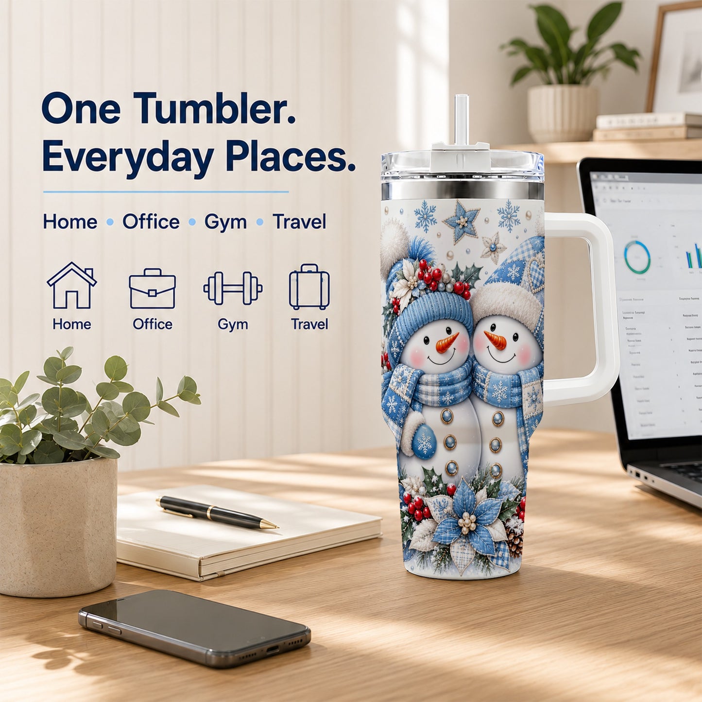 #pl[40oz|White] Snowman Couple 40oz Tumbler with Handle, Winter Stainless Steel Cup