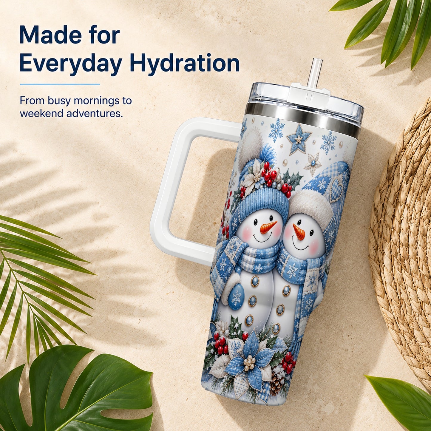 #pl[40oz|White] Snowman Couple 40oz Tumbler with Handle, Winter Stainless Steel Cup