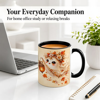 #pl[11oz|Black] Autumn Ghost Lantern Ceramic Mug, Fall Floral Art for Ghost Fans