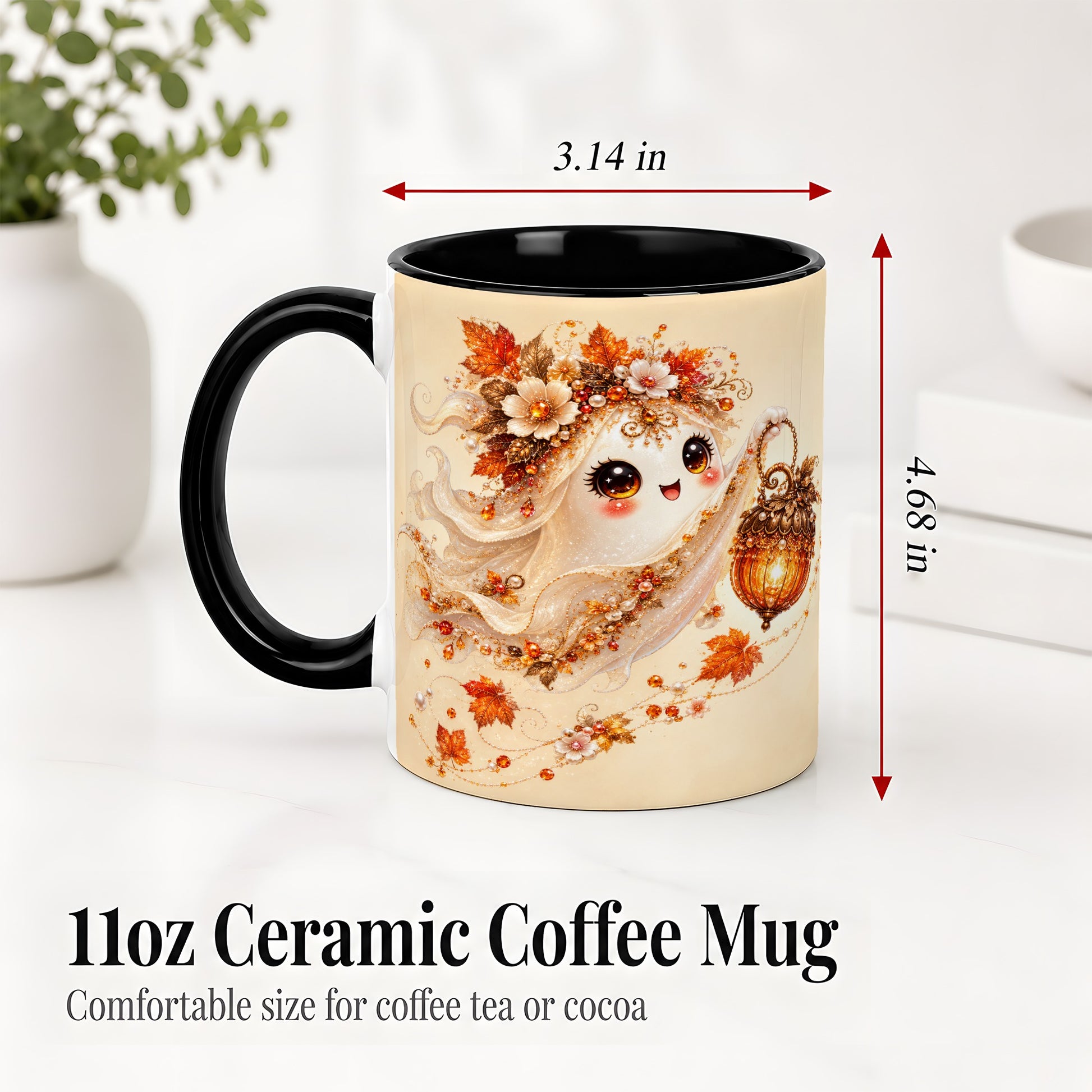 #pl[11oz|Black] Autumn Ghost Lantern Ceramic Mug, Fall Floral Art for Ghost Fans