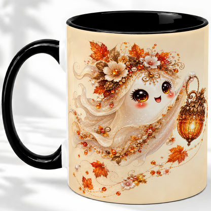 #pl[11oz|Black] Autumn Ghost Lantern Ceramic Mug, Fall Floral Art for Ghost Fans