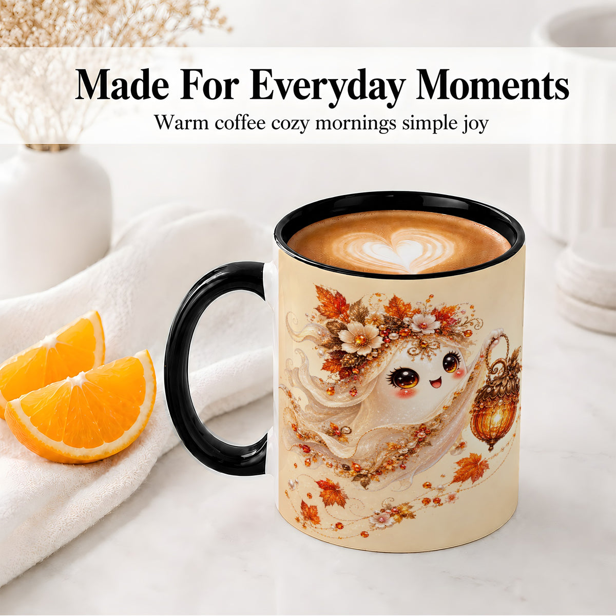 #pl[11oz|Black] Autumn Ghost Lantern Ceramic Mug, Fall Floral Art for Ghost Fans