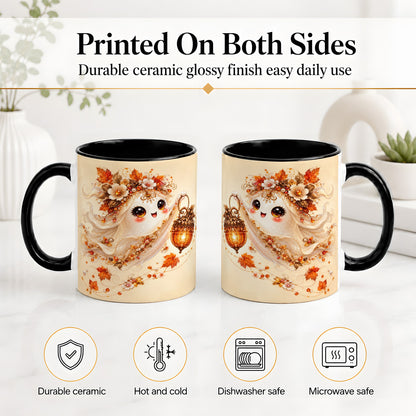 #pl[11oz|Black] Autumn Ghost Lantern Ceramic Mug, Fall Floral Art for Ghost Fans