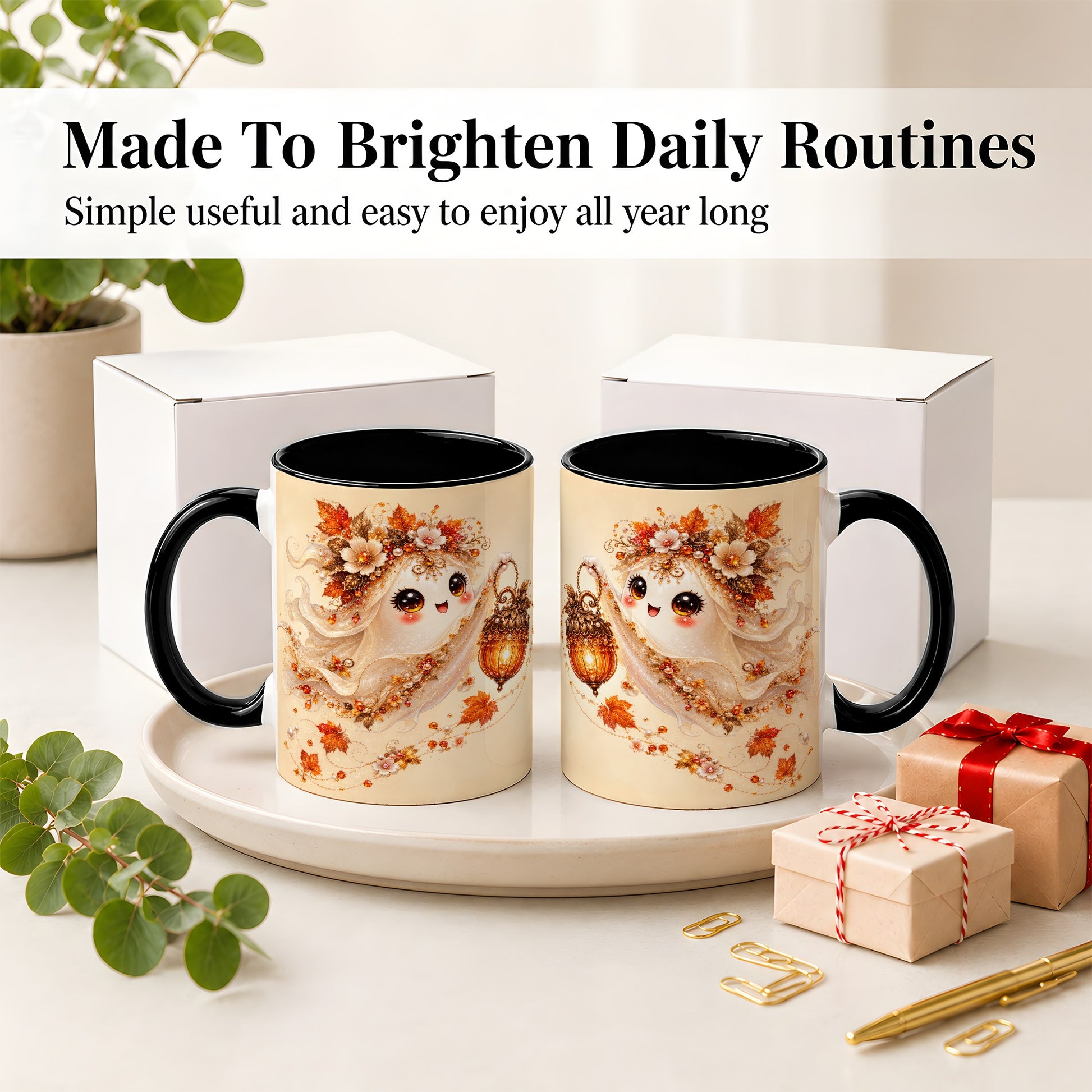 #pl[11oz|Black] Autumn Ghost Lantern Ceramic Mug, Fall Floral Art for Ghost Fans