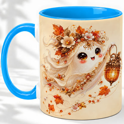 #pl[11oz|Blue] Autumn Ghost Lantern Ceramic Mug, Fall Floral Art for Ghost Fans