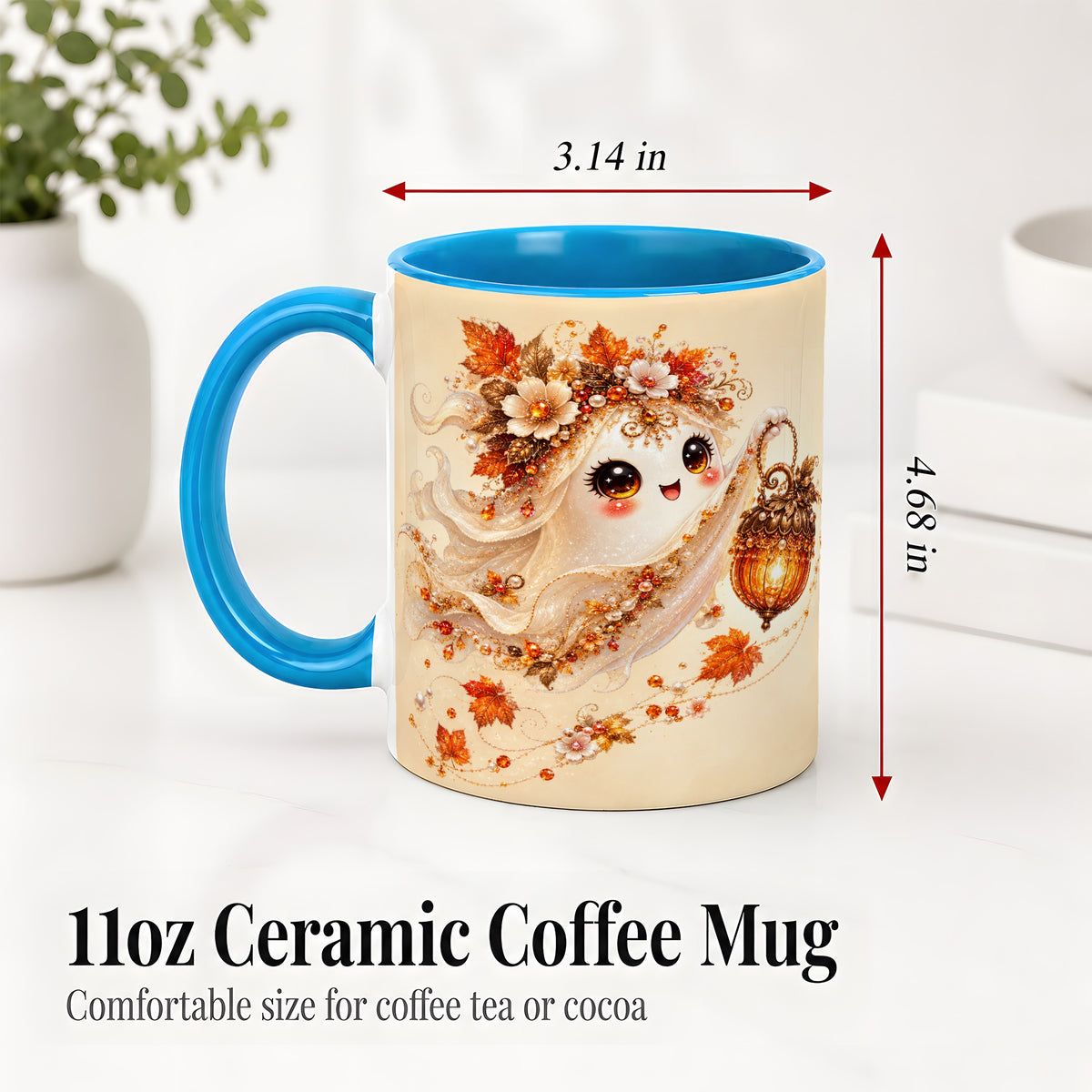 #pl[11oz|Blue] Autumn Ghost Lantern Ceramic Mug, Fall Floral Art for Ghost Fans