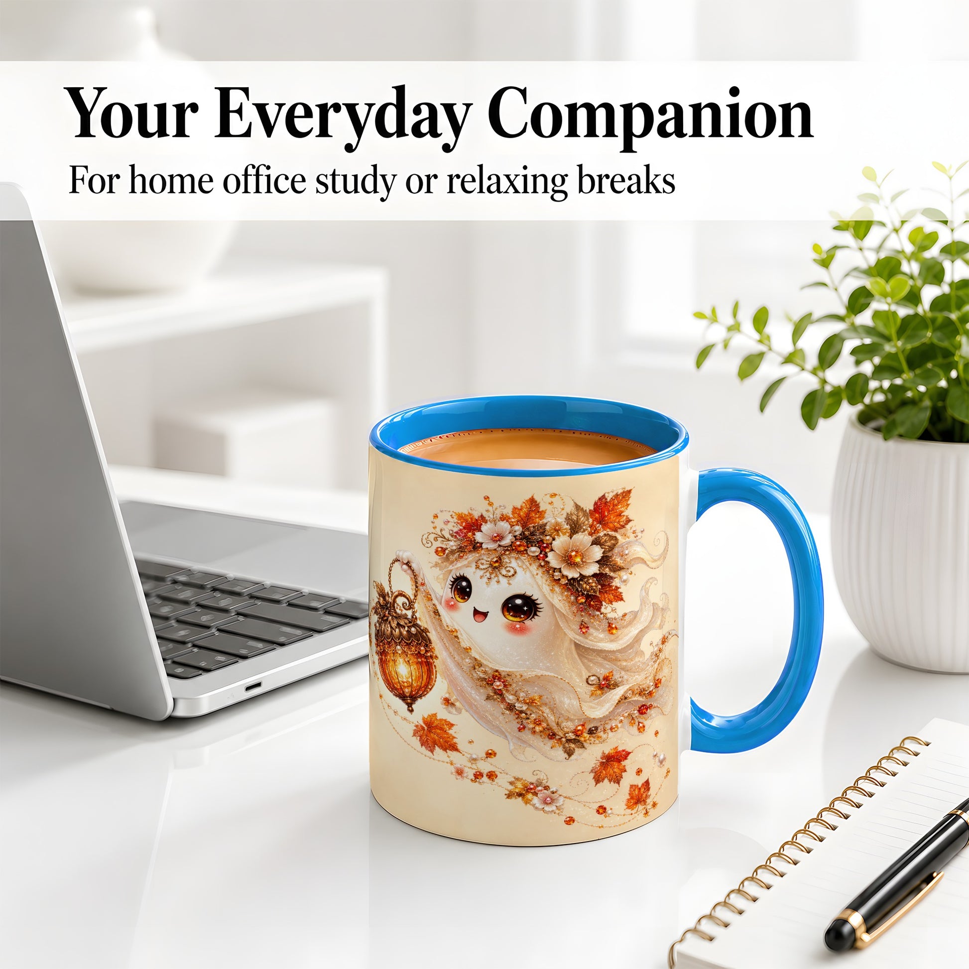 #pl[11oz|Blue] Autumn Ghost Lantern Ceramic Mug, Fall Floral Art for Ghost Fans