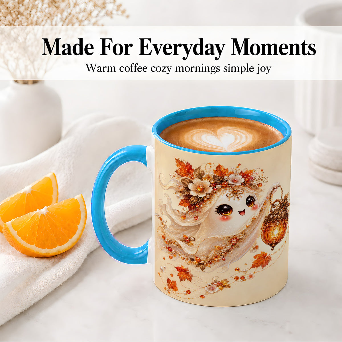 #pl[11oz|Blue] Autumn Ghost Lantern Ceramic Mug, Fall Floral Art for Ghost Fans