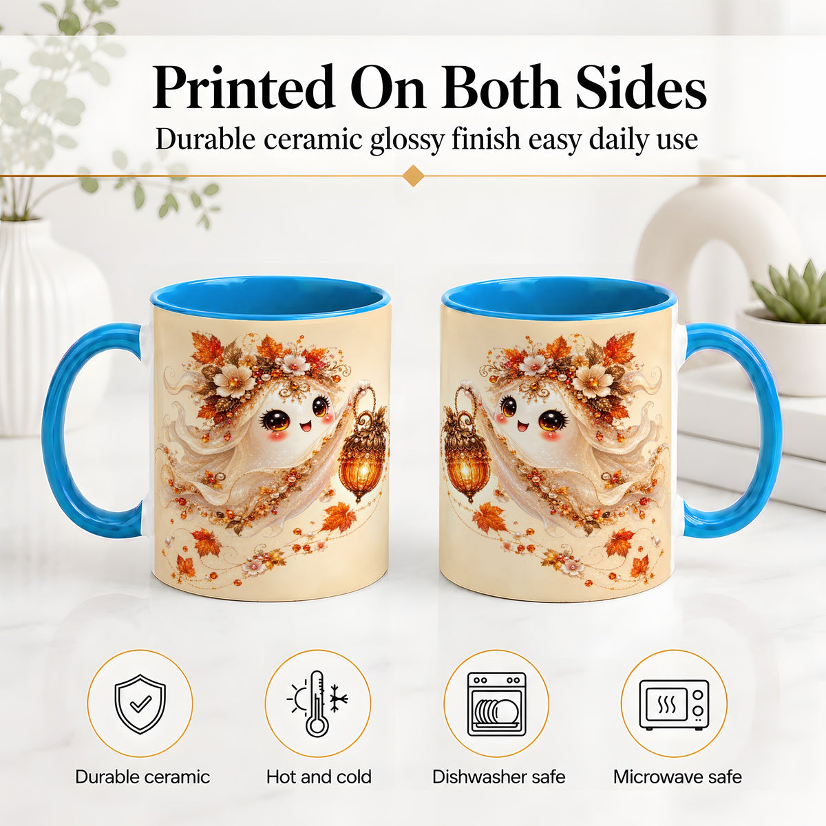 #pl[11oz|Blue] Autumn Ghost Lantern Ceramic Mug, Fall Floral Art for Ghost Fans
