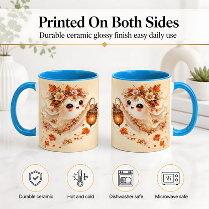 #pl[11oz|Blue] Autumn Ghost Lantern Ceramic Mug, Fall Floral Art for Ghost Fans