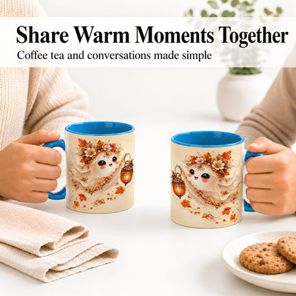 #pl[11oz|Blue] Autumn Ghost Lantern Ceramic Mug, Fall Floral Art for Ghost Fans