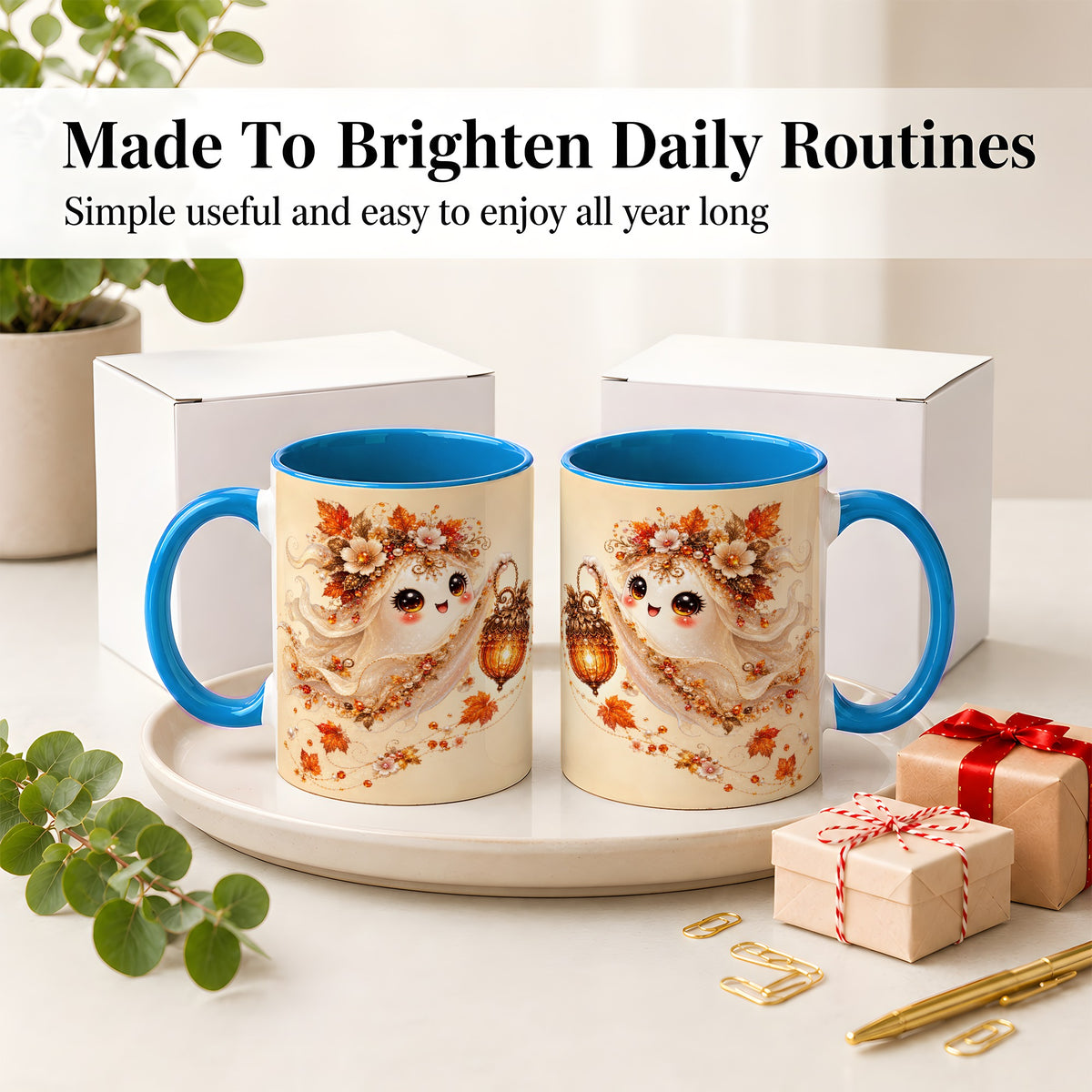 #pl[11oz|Blue] Autumn Ghost Lantern Ceramic Mug, Fall Floral Art for Ghost Fans