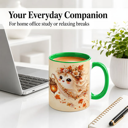 #pl[11oz|Green] Autumn Ghost Lantern Ceramic Mug, Fall Floral Art for Ghost Fans
