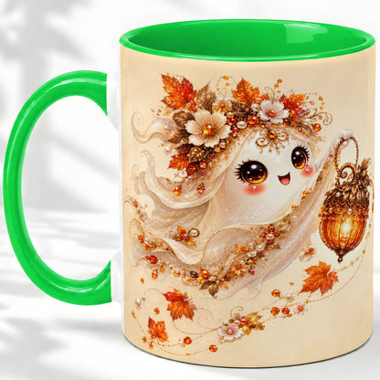 #pl[11oz|Green] Autumn Ghost Lantern Ceramic Mug, Fall Floral Art for Ghost Fans