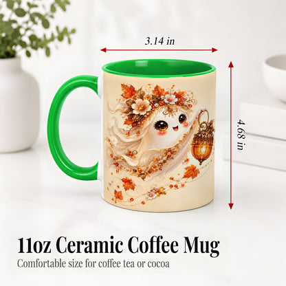 #pl[11oz|Green] Autumn Ghost Lantern Ceramic Mug, Fall Floral Art for Ghost Fans