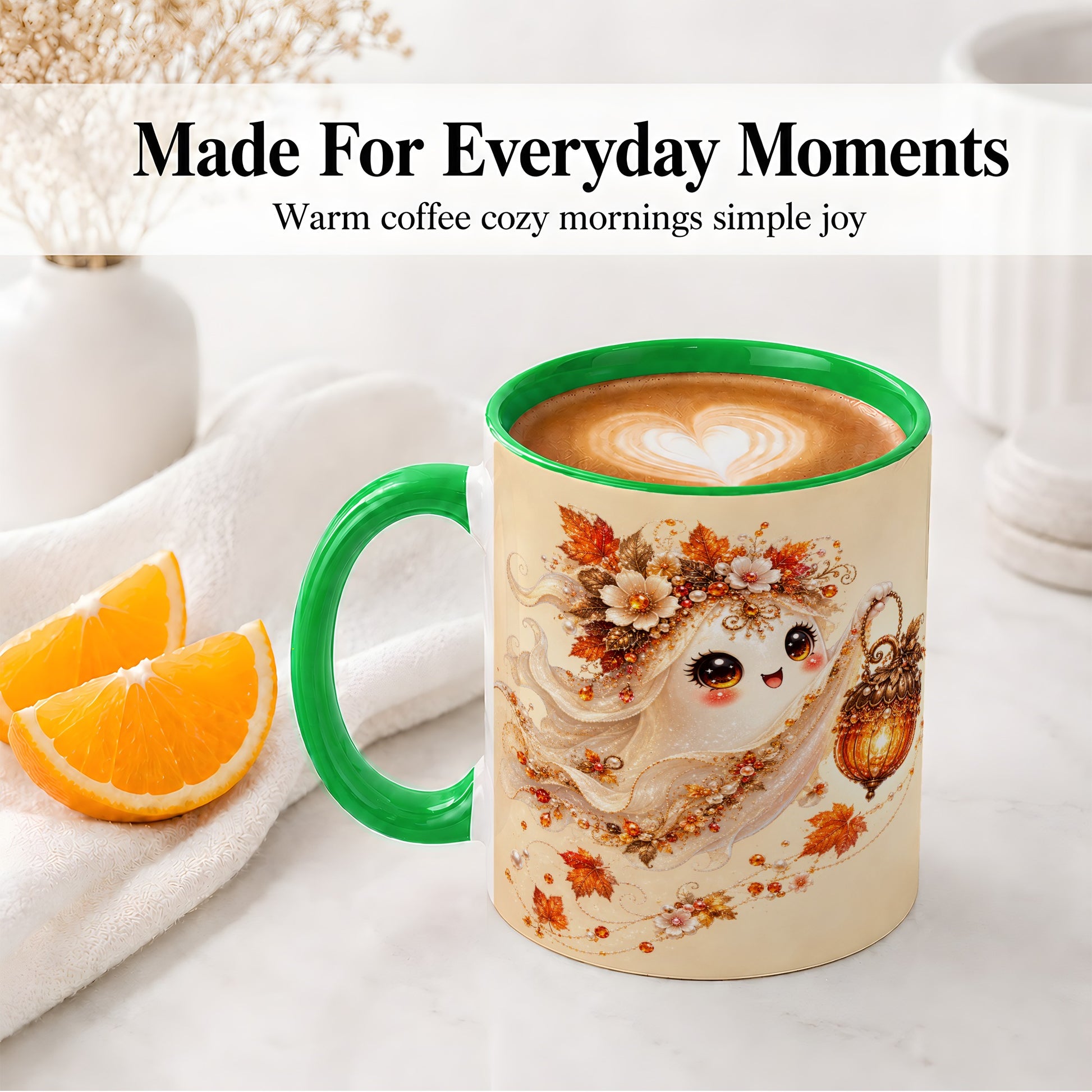 #pl[11oz|Green] Autumn Ghost Lantern Ceramic Mug, Fall Floral Art for Ghost Fans
