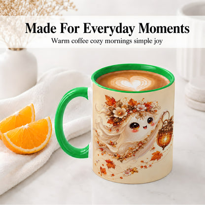 #pl[11oz|Green] Autumn Ghost Lantern Ceramic Mug, Fall Floral Art for Ghost Fans