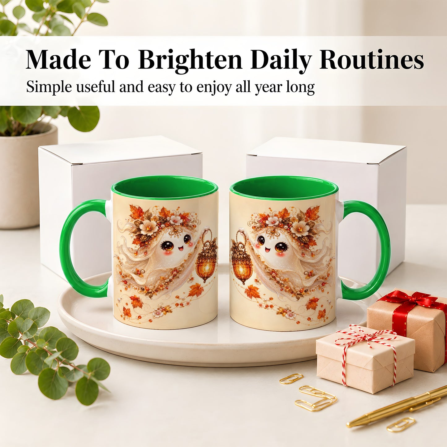 #pl[11oz|Green] Autumn Ghost Lantern Ceramic Mug, Fall Floral Art for Ghost Fans