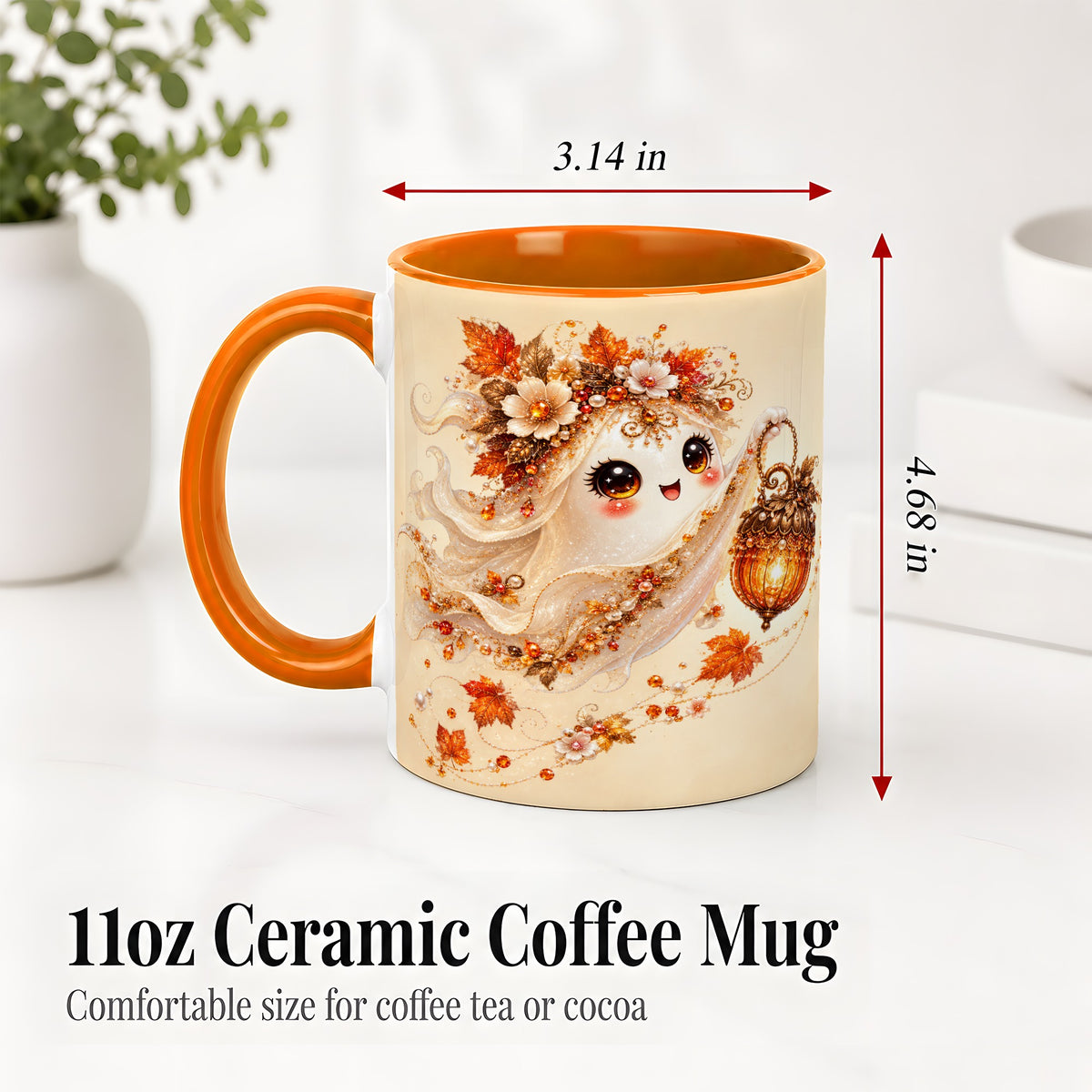 #pl[11oz|Orange] Autumn Ghost Lantern Ceramic Mug, Fall Floral Art for Ghost Fans