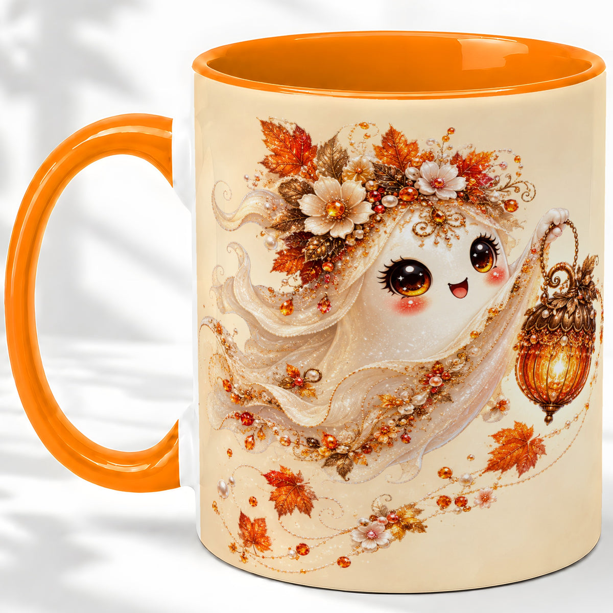 #pl[11oz|Orange] Autumn Ghost Lantern Ceramic Mug, Fall Floral Art for Ghost Fans