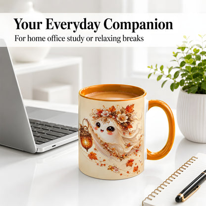 #pl[11oz|Orange] Autumn Ghost Lantern Ceramic Mug, Fall Floral Art for Ghost Fans