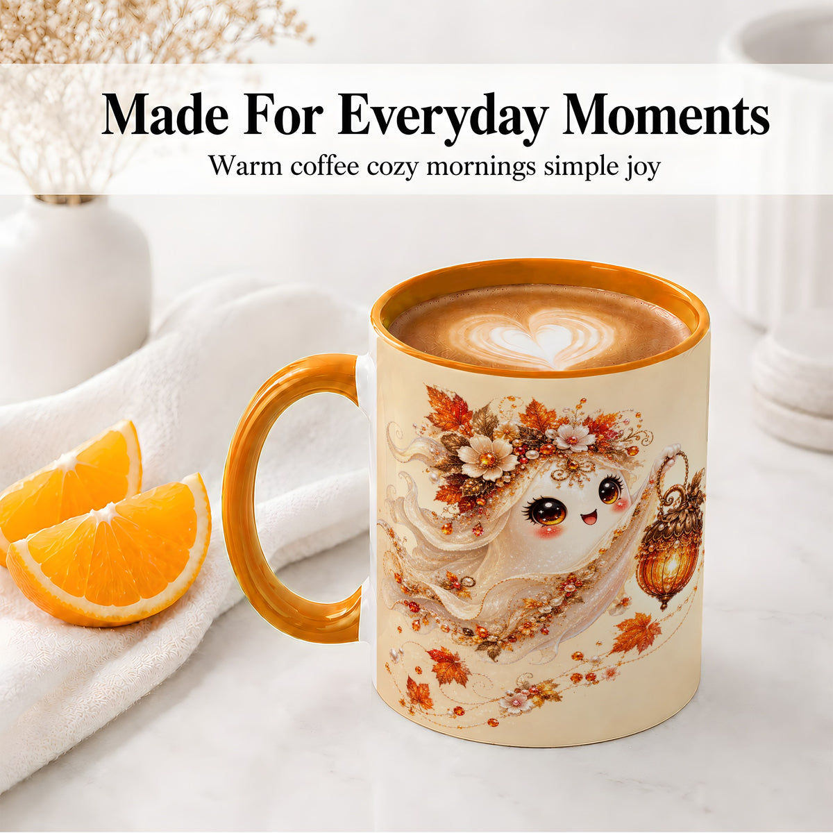 #pl[11oz|Orange] Autumn Ghost Lantern Ceramic Mug, Fall Floral Art for Ghost Fans