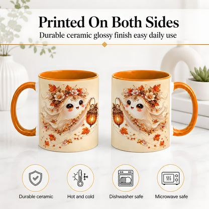 #pl[11oz|Orange] Autumn Ghost Lantern Ceramic Mug, Fall Floral Art for Ghost Fans