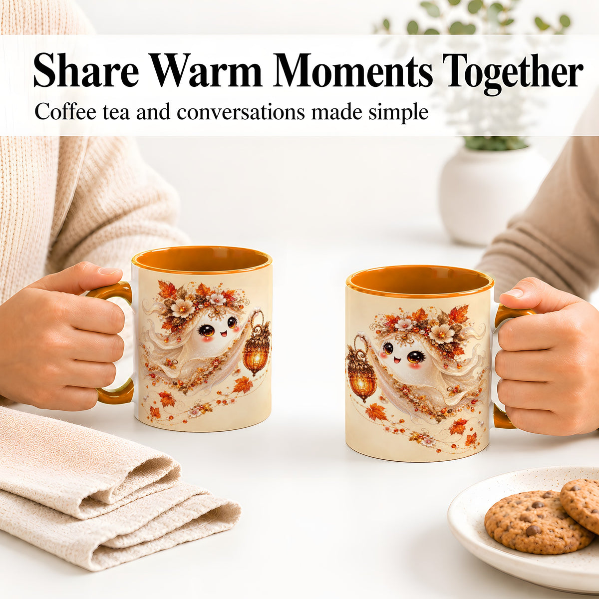 #pl[11oz|Orange] Autumn Ghost Lantern Ceramic Mug, Fall Floral Art for Ghost Fans