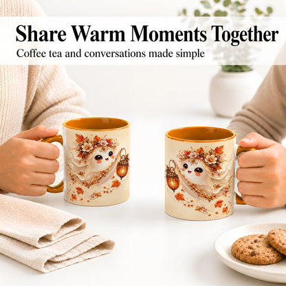 #pl[11oz|Orange] Autumn Ghost Lantern Ceramic Mug, Fall Floral Art for Ghost Fans