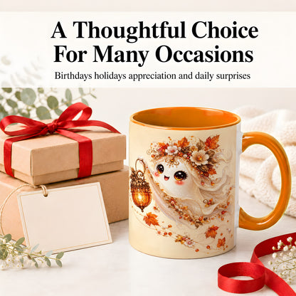 #pl[11oz|Orange] Autumn Ghost Lantern Ceramic Mug, Fall Floral Art for Ghost Fans