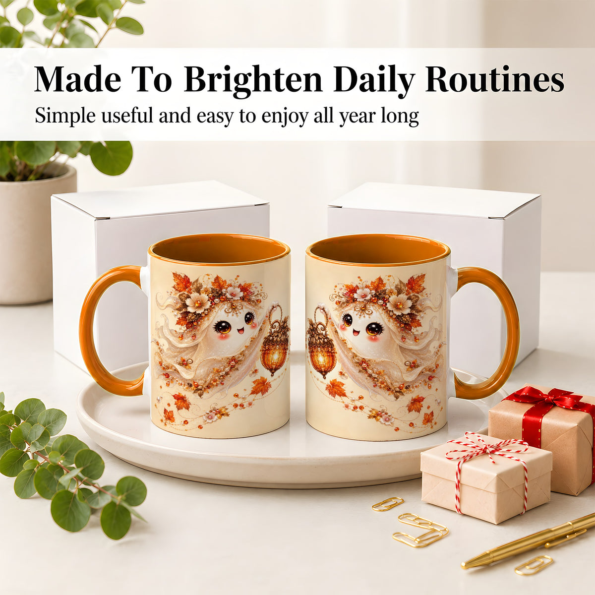 #pl[11oz|Orange] Autumn Ghost Lantern Ceramic Mug, Fall Floral Art for Ghost Fans