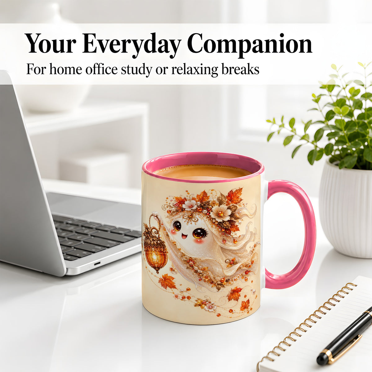 #pl[11oz|Pink] Autumn Ghost Lantern Ceramic Mug, Fall Floral Art for Ghost Fans