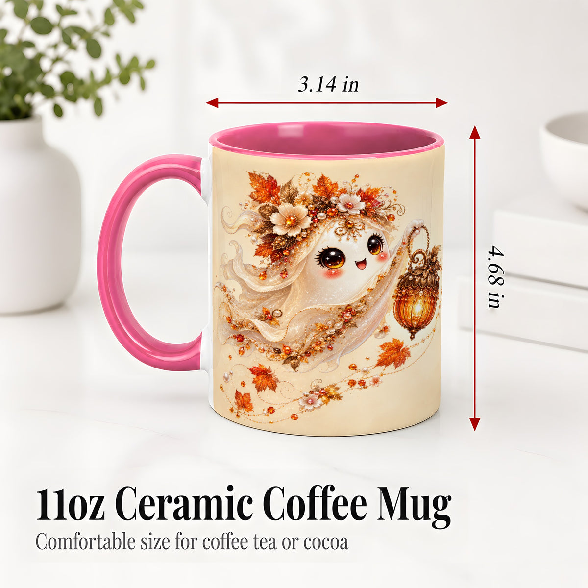 #pl[11oz|Pink] Autumn Ghost Lantern Ceramic Mug, Fall Floral Art for Ghost Fans