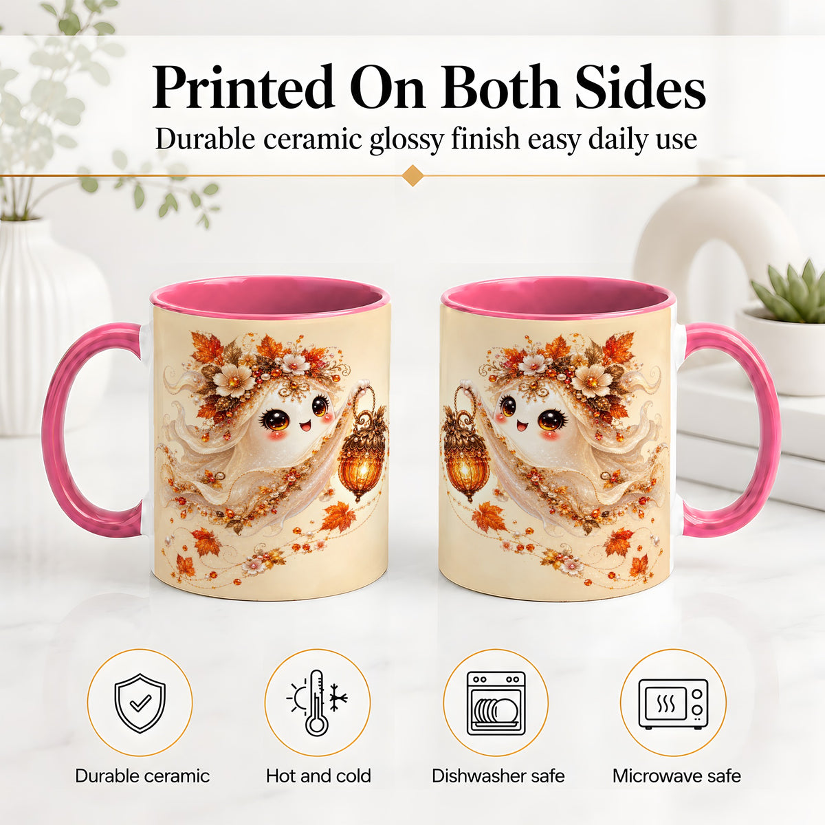 #pl[11oz|Pink] Autumn Ghost Lantern Ceramic Mug, Fall Floral Art for Ghost Fans