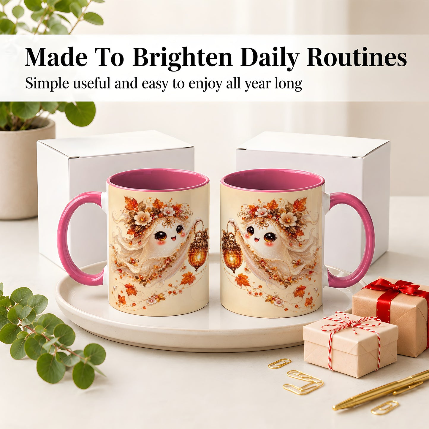 #pl[11oz|Pink] Autumn Ghost Lantern Ceramic Mug, Fall Floral Art for Ghost Fans