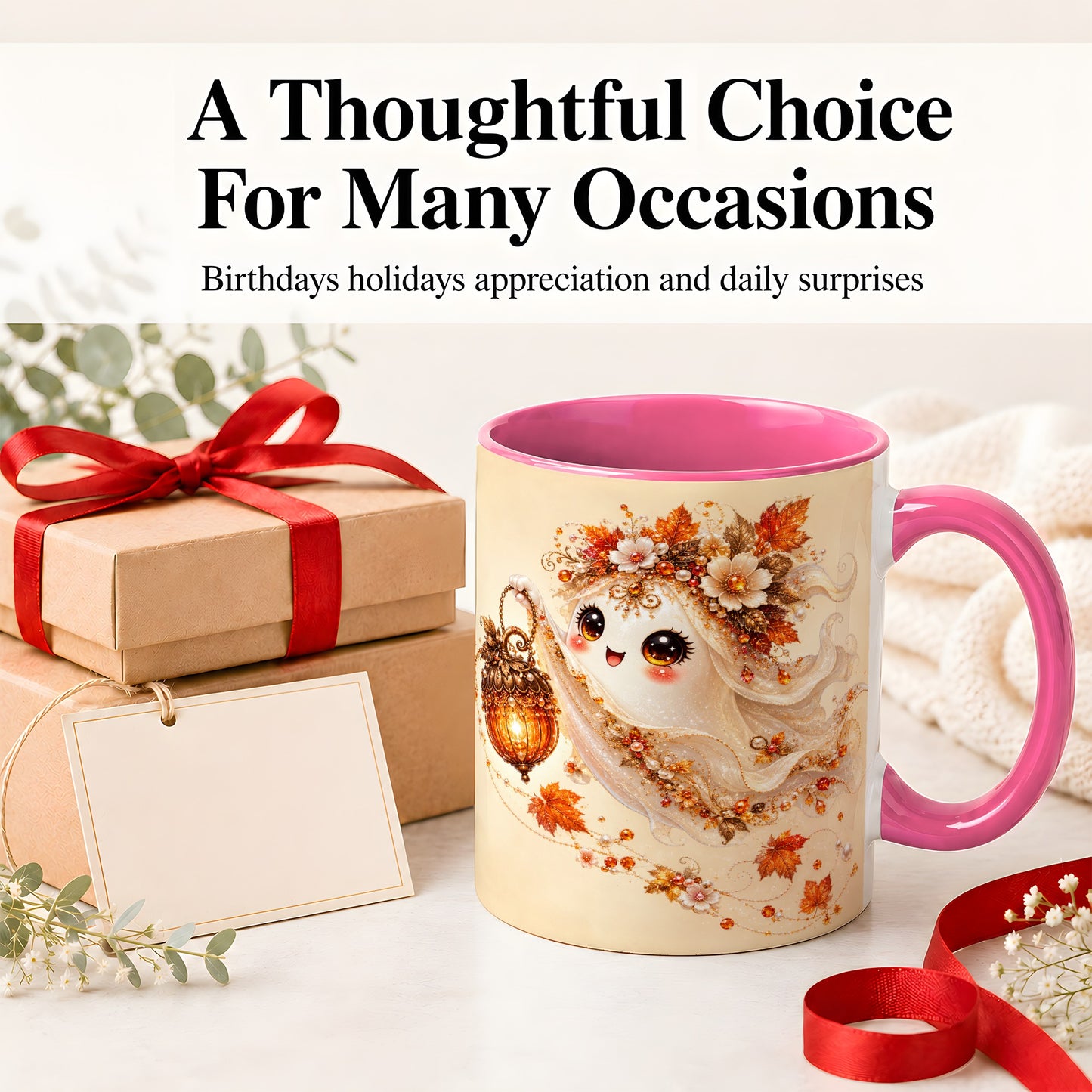 #pl[11oz|Pink] Autumn Ghost Lantern Ceramic Mug, Fall Floral Art for Ghost Fans