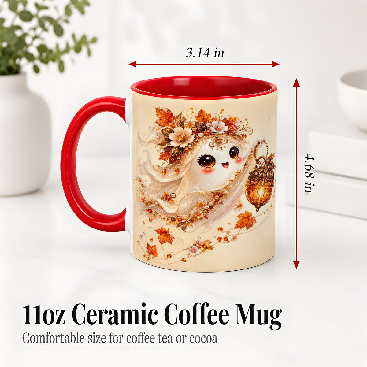 #pl[11oz|Red] Autumn Ghost Lantern Ceramic Mug, Fall Floral Art for Ghost Fans