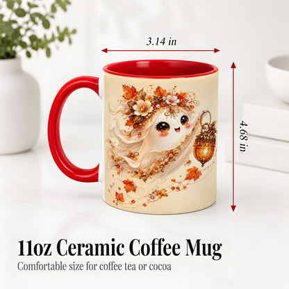 #pl[11oz|Red] Autumn Ghost Lantern Ceramic Mug, Fall Floral Art for Ghost Fans
