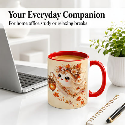 #pl[11oz|Red] Autumn Ghost Lantern Ceramic Mug, Fall Floral Art for Ghost Fans