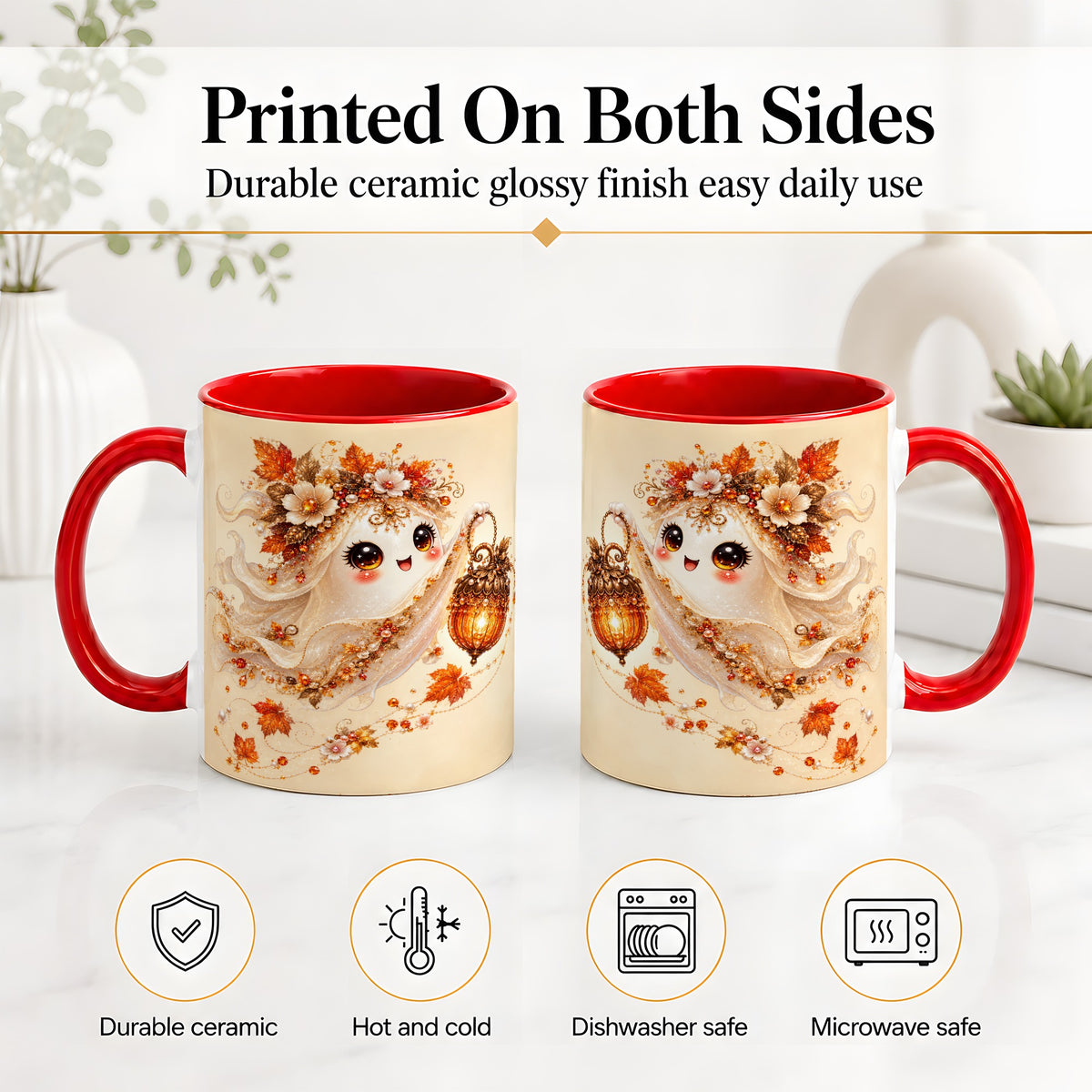 #pl[11oz|Red] Autumn Ghost Lantern Ceramic Mug, Fall Floral Art for Ghost Fans