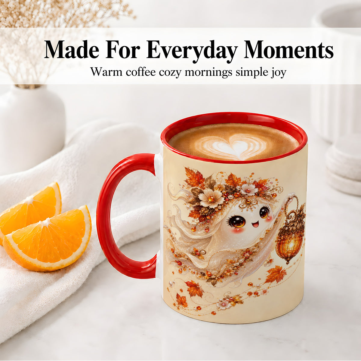 #pl[11oz|Red] Autumn Ghost Lantern Ceramic Mug, Fall Floral Art for Ghost Fans